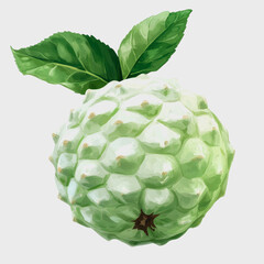 This image features a vibrant isolated custard fruit with a fresh green leaf on a clean white background, perfect for food-related projects or designs.