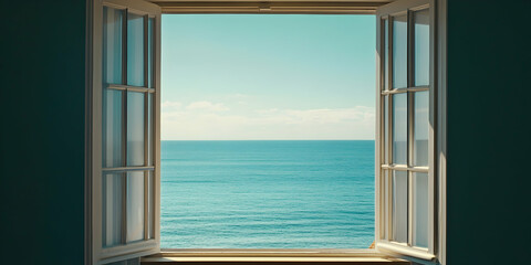 Ocean view from an open window, showcasing calm seas and a clear sky. 4k image
