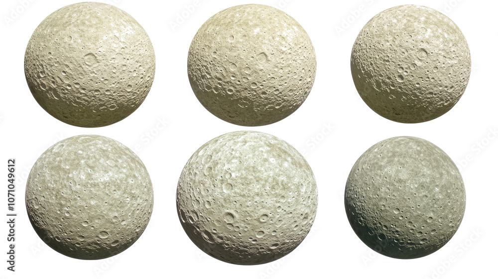 Poster collection of six lunar surface models on a transparent background generative ai
