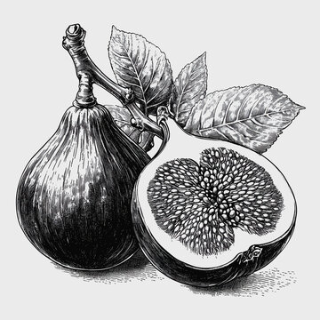 This vintage illustration features a detailed fig and its leaves on a white background, perfect for adding an elegant touch to your design projects.