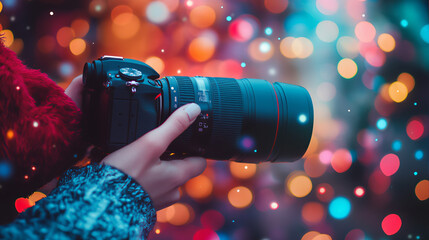 World photography day. Person holding camera taking pictures on a bokeh background. Free hand lens focus camera photo stock. 