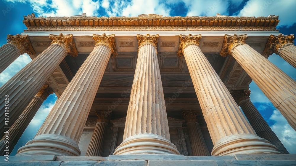 Poster low angle view of ancient stone columns supporting a building against a blue sky with white clouds.