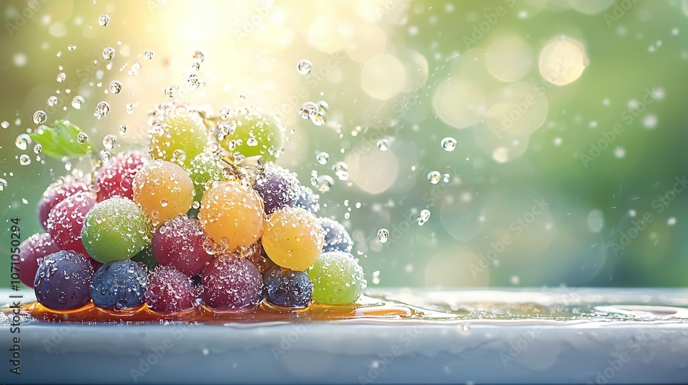 Poster a green leafy tree sits beside a table with clusters of grapes resting on top and droplets of water 