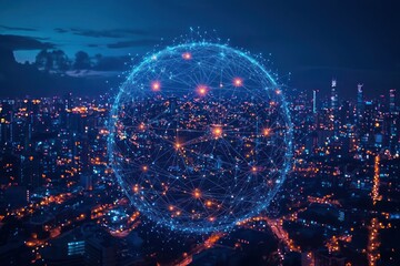 A Network Globe Over a Nighttime Cityscape