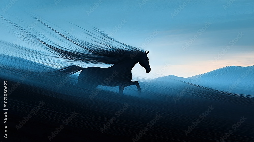 Poster a horse running in a field with mountains in the background and a blue sky in front