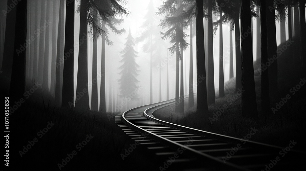 Poster   A monochrome image depicting a railway line surrounded by trees on either side