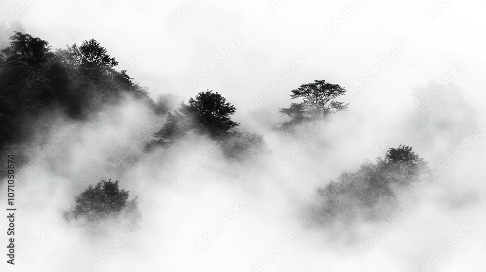 Poster a photo of a mountain obscured by fog with trees in the foreground is an image of trees
