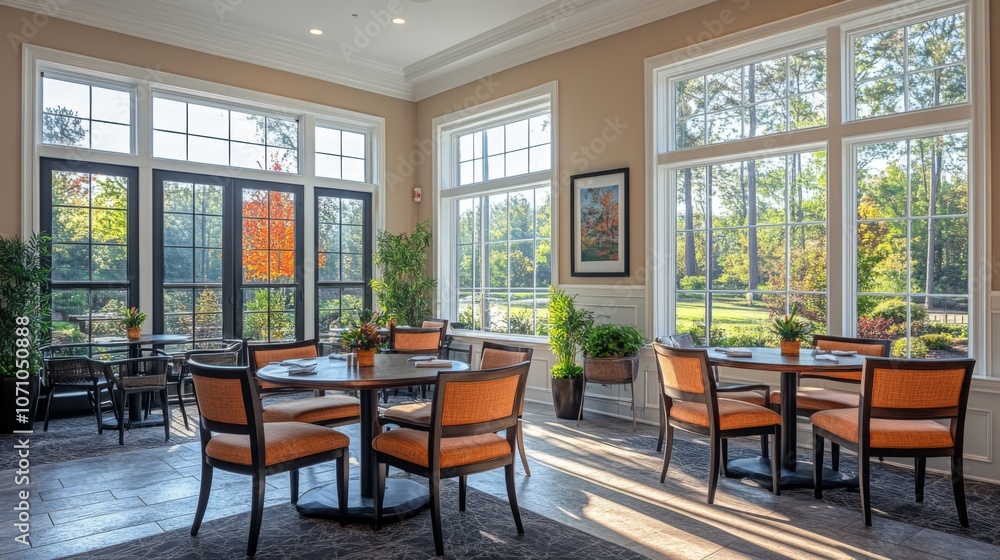 Aufkleber the dining area features stylish tables and chairs arranged around large windows that let in natural