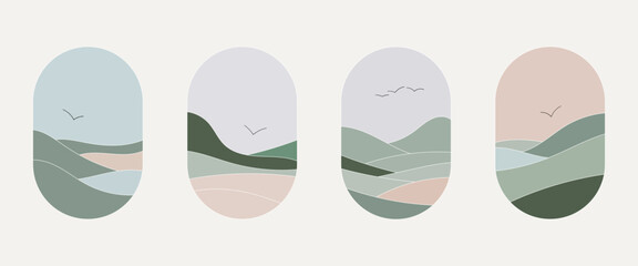 A composition with hills and birds against a blue sky. Natural and pastel shades are used, which make the image light and airy, reflecting the beauty of nature.