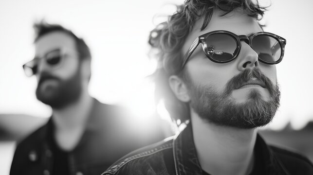 Two musicians, artists, in sunglasses enjoying the sunset. Black and white cover photo of fictional indie alternative rock style music band.