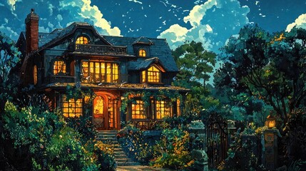 Fototapeta premium A charming, two-story house with a porch, lit up at night, nestled among lush greenery.