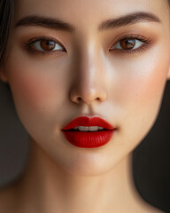 A woman with dark brown hair, brown eyes, and red lipstick looks directly at the camera