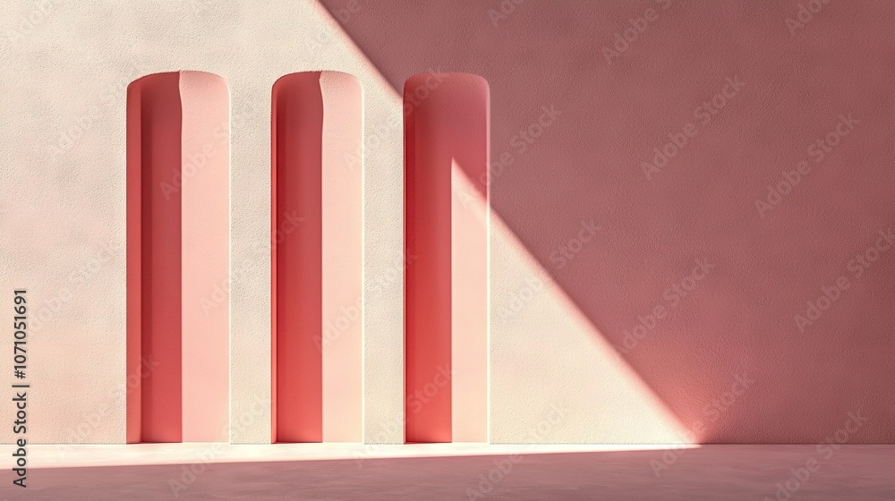 Poster a pink wall with rows of columns in the foreground and a shadow of someone standing in front of it
