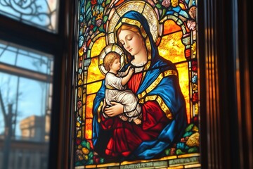 Fototapeta premium Stained glass window Religious illustration of Madonna and Child
