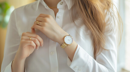 Young woman wear casual white dress shirt show hand with watch and golden bracelet
