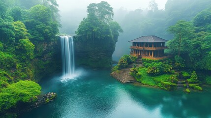 Fototapeta premium A serene, mist-shrouded waterfall cascades into a tranquil lagoon, with a wooden house perched on the cliffside.