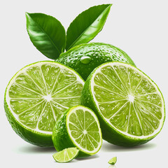 A vibrant display of fresh limes arranged on a pristine white background. These juicy fruits are perfect for enhancing dishes or refreshing beverages.