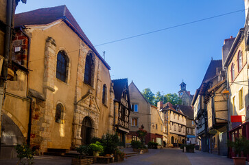 Scenic view of historic half-timbered houses in Montlucon commune in central France on sunny summer day