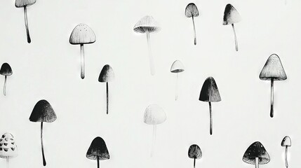   A monochromatic illustration of a group of mushrooms on a marker-drawn paper