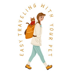 Woman hiking with a bengal cat in a pet carrier backpack. Scene with a traveler and animal. Travel with your cat concept art. Vector hand drawn cartoon illustration for print, web, social media