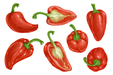 Ripe, juicy red bell pepper vegetables set. Vector graphics.