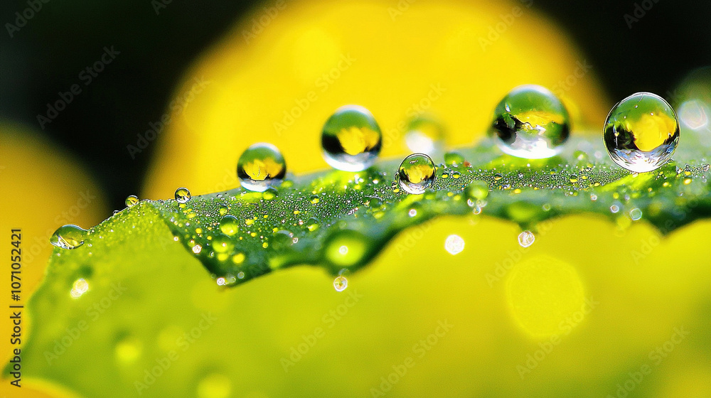 Poster a macro shot of a verdant foliage with droplets of h2o on the leaf's top and bottom