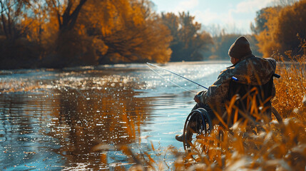 A man in a wheelchair fishing by a tranquil river surrounded by autumn foliage during a sunny afternoon