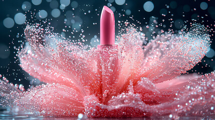 A vibrant pink lipstick tube surrounded by splashes on a soft background to promote beauty and cosmetics