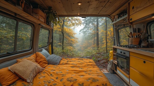 A serene van interior showcases a vibrant yellow bedspread with cushions, surrounded by shelves and kitchen supplies. Outside, colorful autumn trees are partially obscured by morning fog.