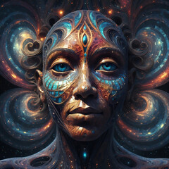 3D image, A mesmerizing and intricate digital artwork of a celestial humanoid face, composed of swirling, colorful patterns that blend seamlessly into the eye regions, which emit a bright, fractal