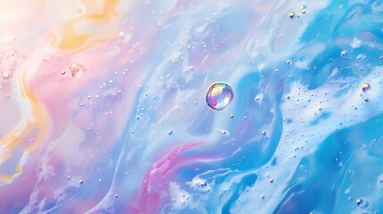 Close-up of iridescent soap bubbles with delicate reflections, creating a dreamy texture and vivid colors, perfect for abstract presentations and creative concepts