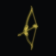 Neon bow and arrow sign is glowing on a black background, illuminating the concept of archery