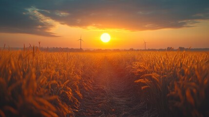 Fototapeta premium A path through a golden wheat field leads towards a sunset with wind turbines silhouetted against the horizon.