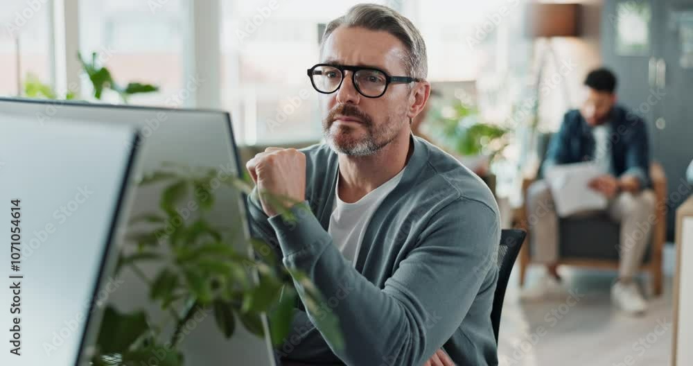 Poster Computer, solution and web development with happy man software engineer in office for coding or programming. PC, reading and typing with smile of mature employee in workplace for design or research