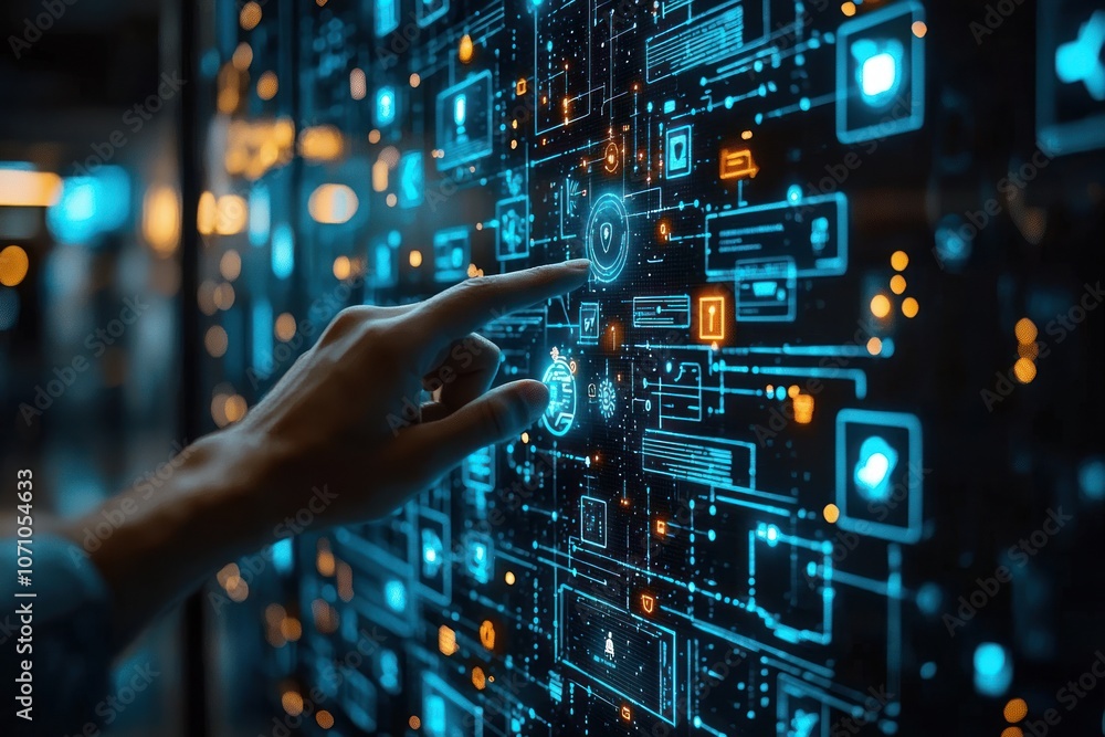 Poster Hand Interacting with a Futuristic Digital Interface