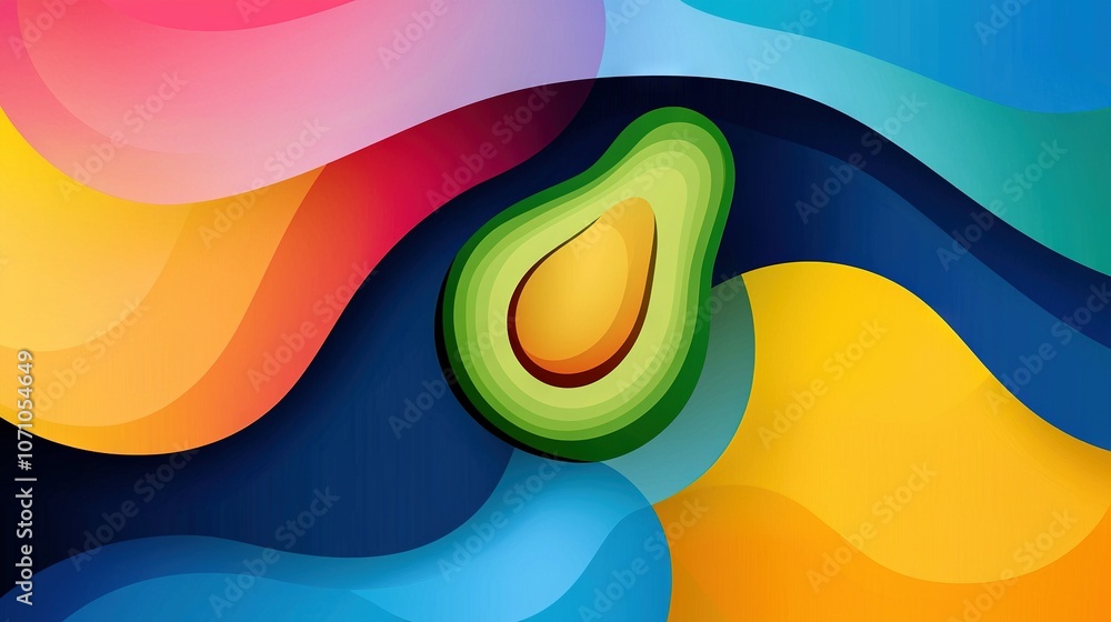 Poster an avocado perfectly cut into two halves sitting majestically on a gradient background with sinuous 