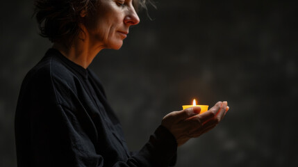 Woman in black cloth holding a Candle in her hands. Dark atmosphere, dark background.