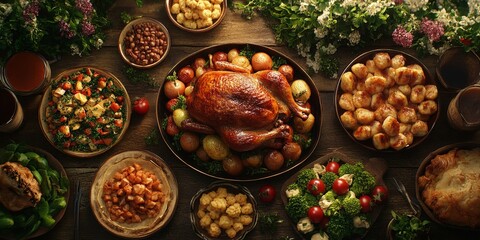 Fototapeta premium Christmas festive dinner table with roast chicken and vegetables
