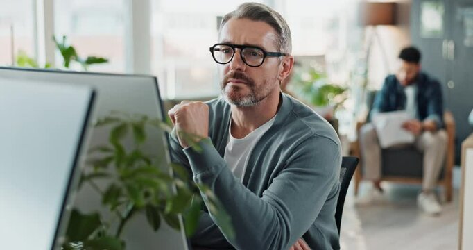 Computer, solution and web development with happy man software engineer in office for coding or programming. PC, reading and typing with smile of mature employee in workplace for design or research - Powered by Adobe