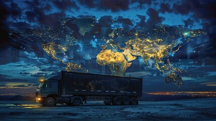 Semi-trailer Truck Parked Under a World Map of City Lights at Night
