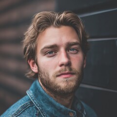 Obraz premium A man with light beard and thoughtful expression poses in front of a dark wall wearing a stylish denim jacket.