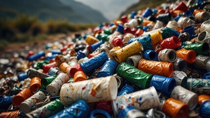 Fototapeta premium a stark and sobering scene of environmental pollution. A vast expanse of plastic waste is strewn across a landscape, contrasting sharply with the majestic mountain range in the background.