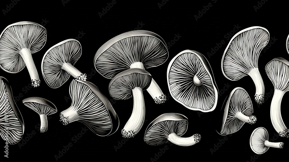 Poster a cluster of mushrooms resting on a dark canvas with the term mushrooms prominently displayed