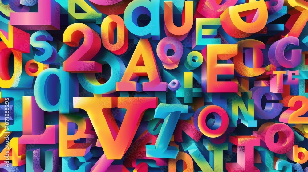 Poster a colorful background of 3d letters and numbers.
