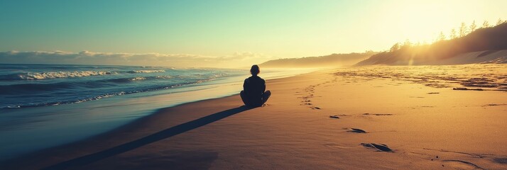 A lone figure sits on a tranquil beach at sunset, symbolizing introspection and the beauty of solitude.