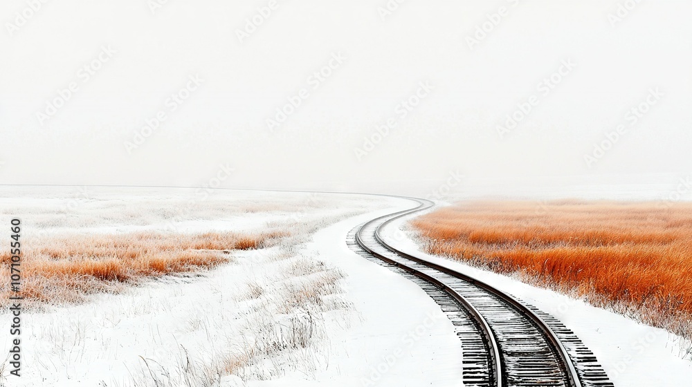 Poster a snow-covered field with a train track in the foreground and another in the background