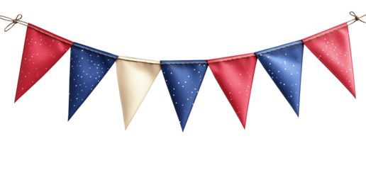 Colorful festive pennant bunting with red blue and white flags for celebrations isolated on transparent. 