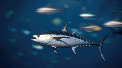 Naklejka premium A large fish is swimming in the ocean with other fish in the background. The fish is surrounded by a blurry background, giving the impression of motion and energy