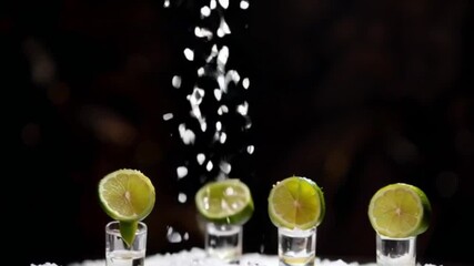 Ultra HD 4K Looped Slow Motion Tequila Shots with Lime and Sparkling Salt Rainfall - Festive Dark Background Blur Effect - Powered by Adobe