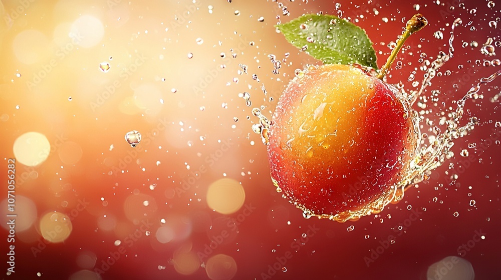 Poster a close-up image of an apple suspended in the air with water droplets cascading down its surface and